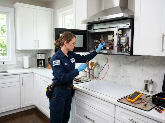 Appliance Repair Hero technician testing an over-the-range microwave in a Blythewood, SC kitchen